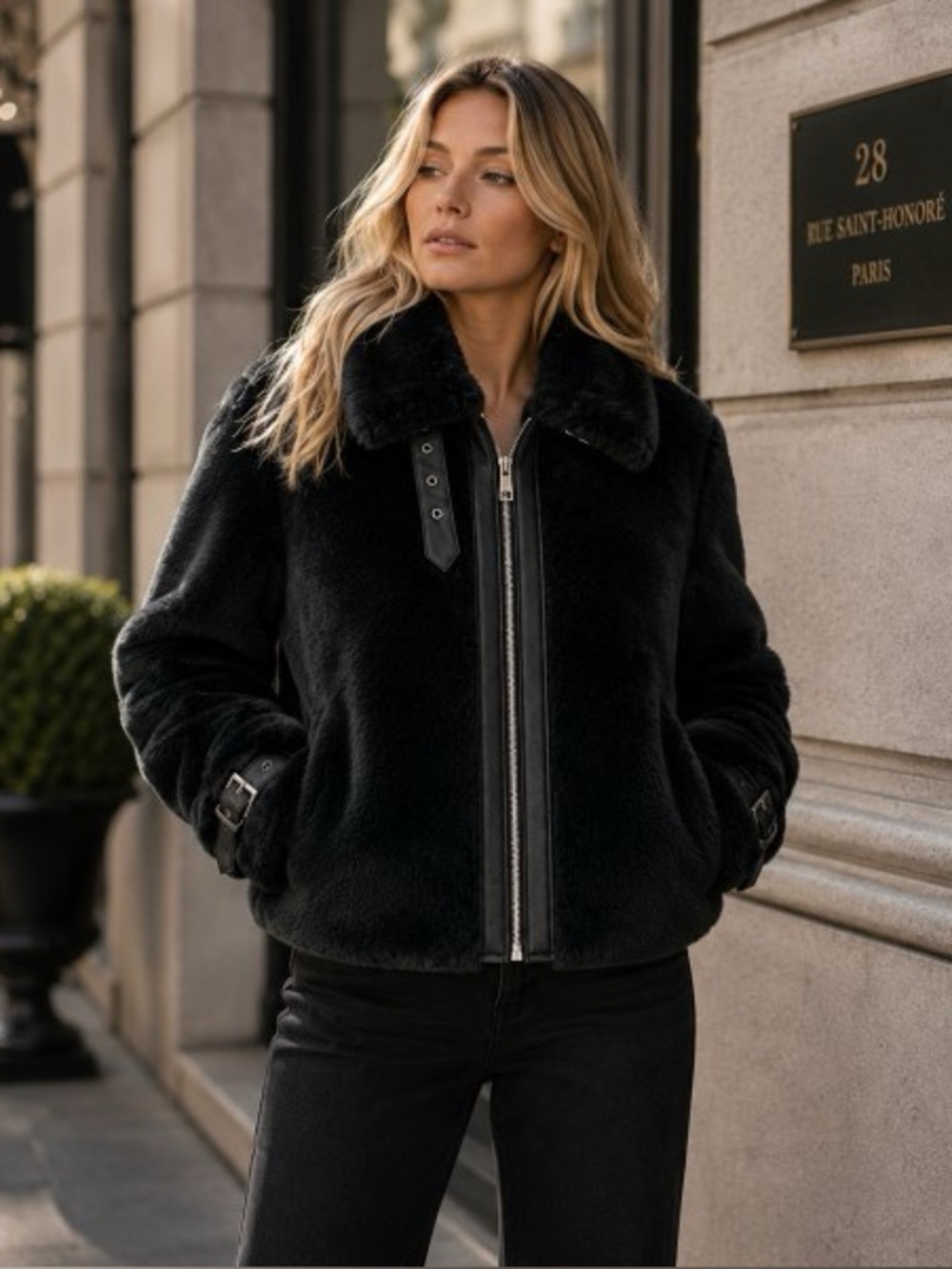 Badgley Mischka black fur boho cuffed western zip puffer patchwork jacket coat